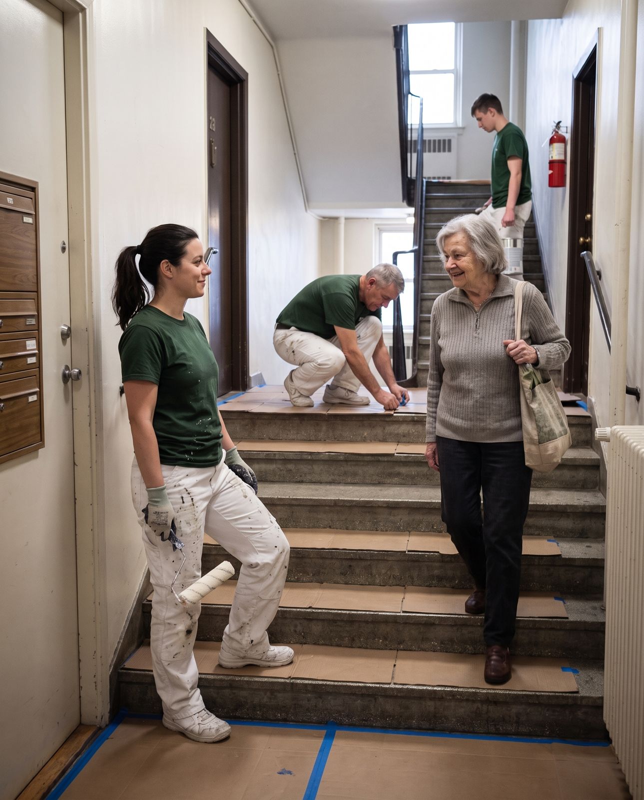 Lena Berger streicht, eine Mieterin geht über die abgedeckte Treppe