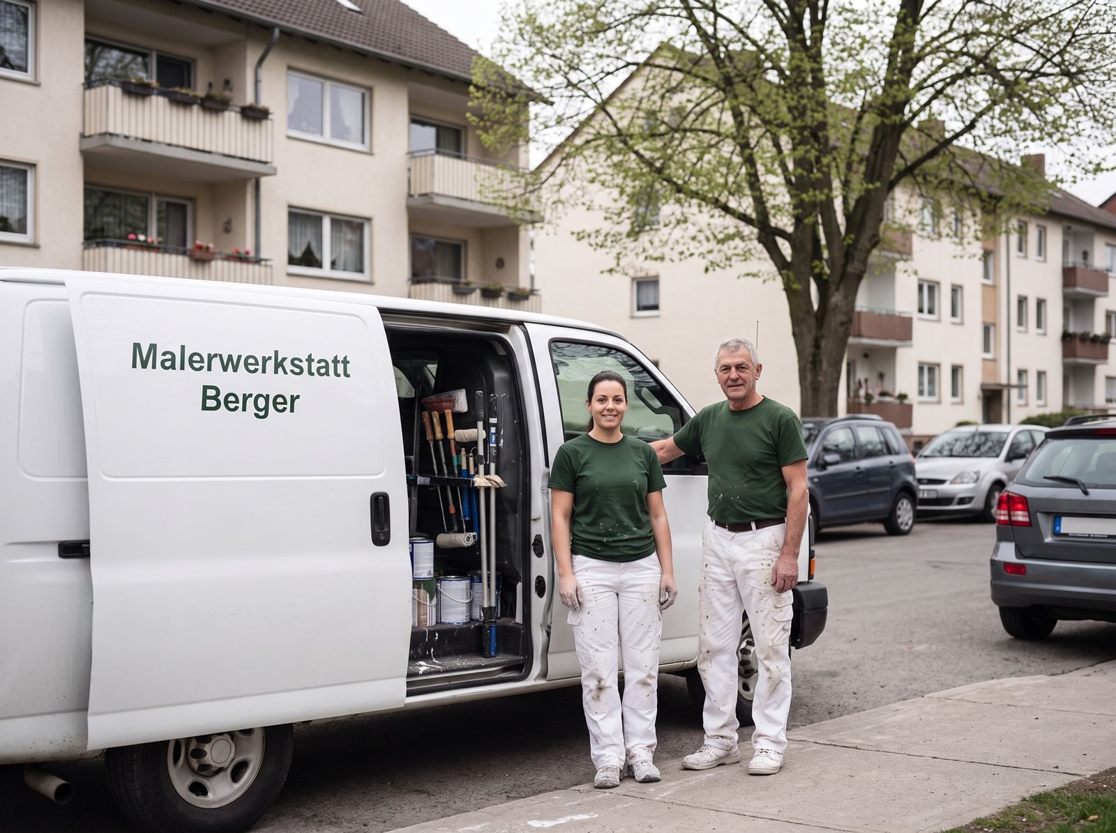 Lena und Karl Berger vor dem Firmenwagen der Malerwerkstatt