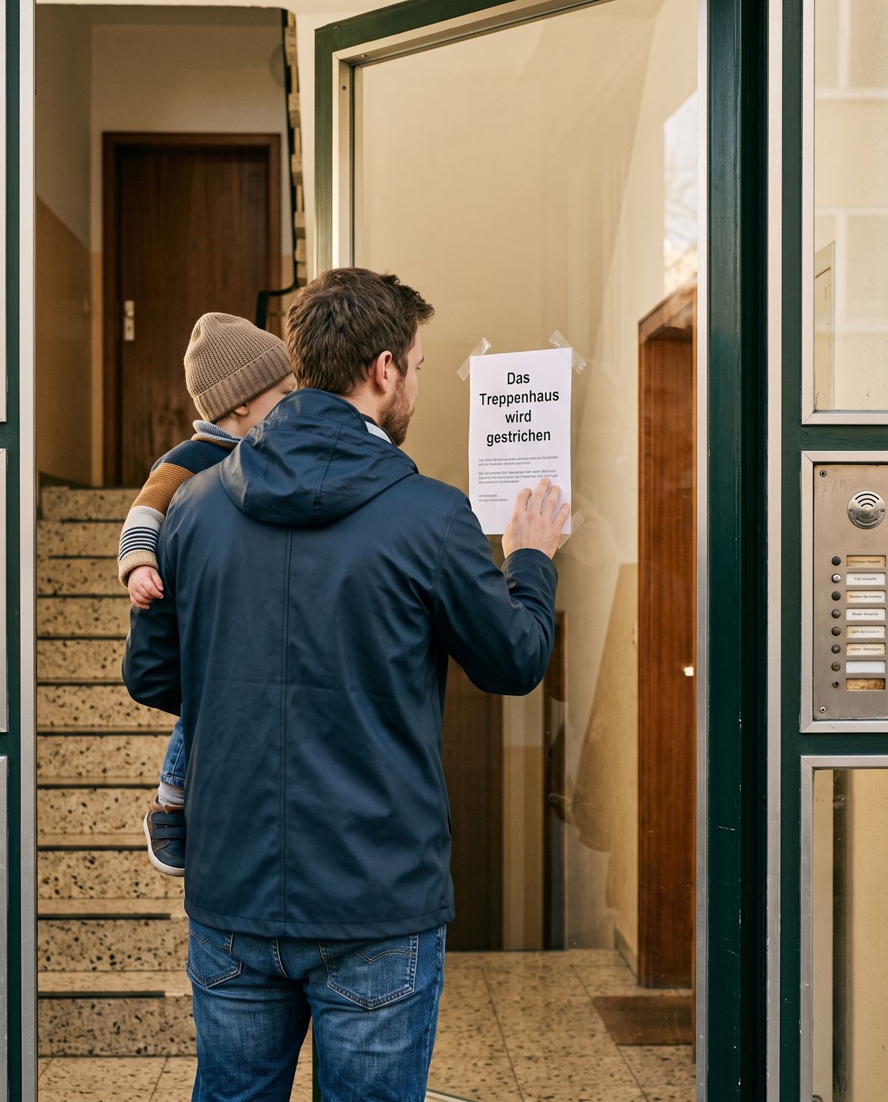 Ein Mieter liest den Aushang an der Haustür: Das Treppenhaus wird gestrichen